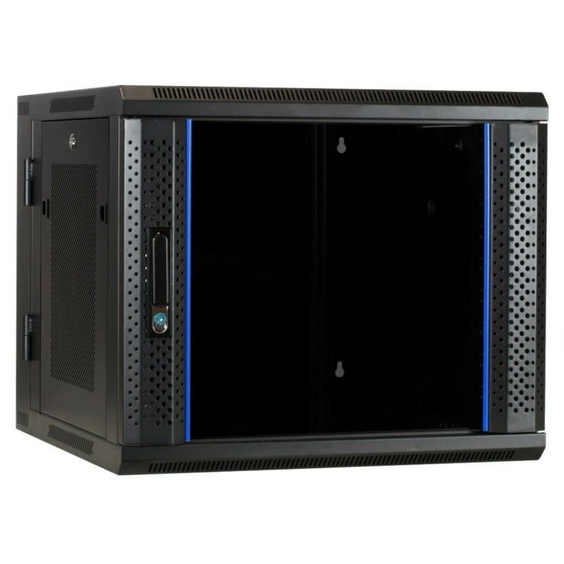 Szafka ścienna 9U (uchylna) z drzwiami szklanymi i perforowanymi panelami bocznymi 600x600x500 mm (szer. x gł. x wys.)