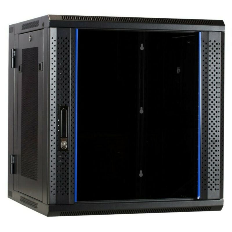 Szafka ścienna 12U (uchylna) z drzwiami szklanymi i perforowanymi panelami bocznymi 600x600x635 mm (szer. x gł. x wys.)