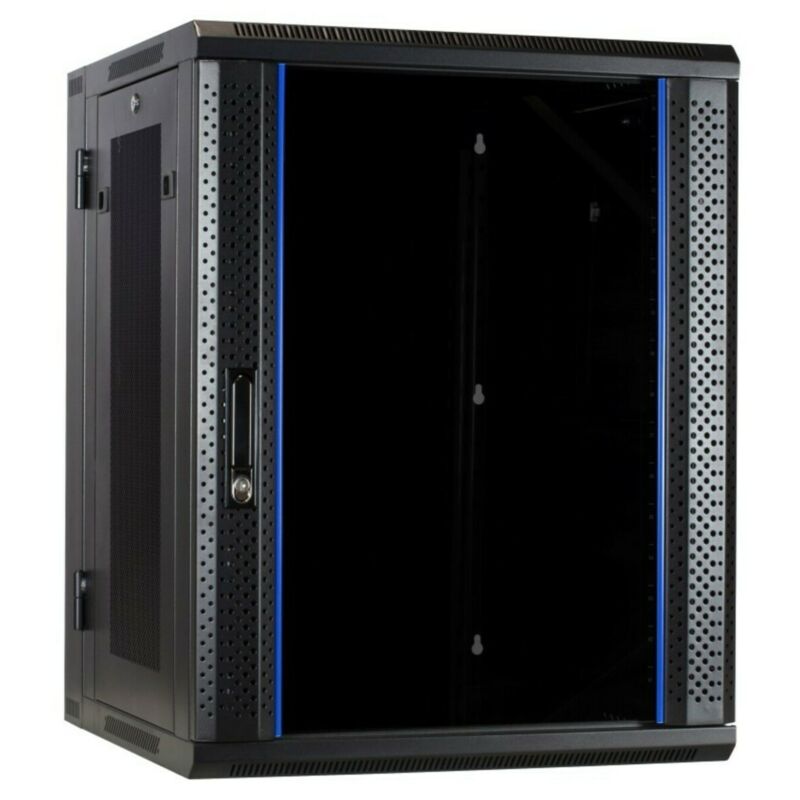 Szafka ścienna 15U (uchylna) z drzwiami szklanymi i perforowanymi panelami bocznymi 600x600x770mm (szer. x gł. x wys.)