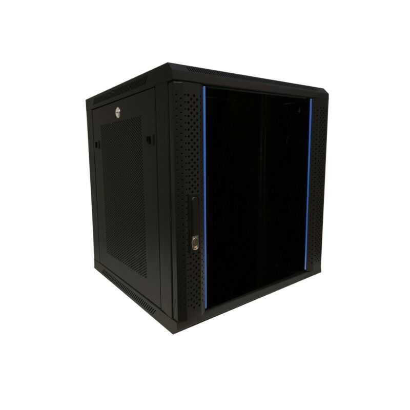 Szafka ścienna 12U z drzwiami szklanymi - perforowane panele boczne 600x600x635mm (szer. x gł. x wys.)
