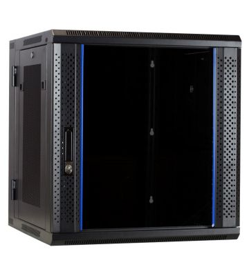 Szafka ścienna 12U (uchylna) z drzwiami szklanymi i perforowanymi panelami bocznymi 600x600x635 mm (szer. x gł. x wys.)