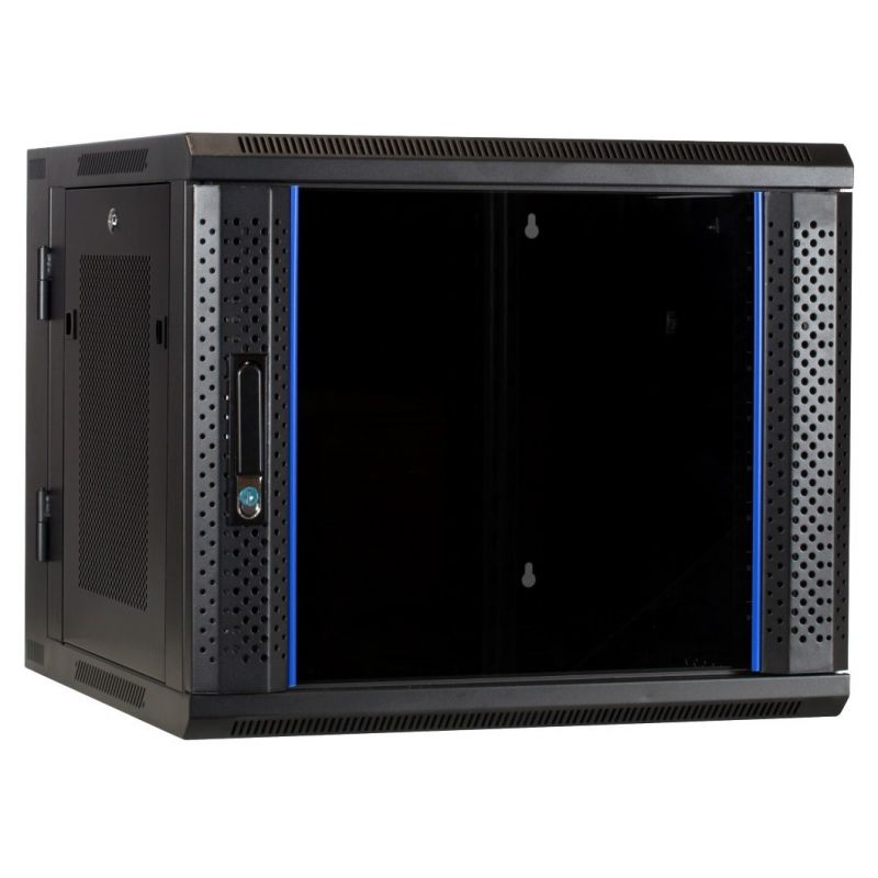 Szafka ścienna 9U (uchylna) z drzwiami szklanymi i perforowanymi panelami bocznymi 600x600x500 mm (szer. x gł. x wys.)