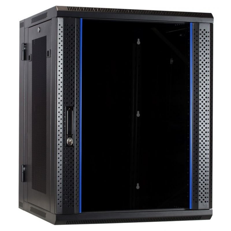 Szafka ścienna 15U (uchylna) z drzwiami szklanymi i perforowanymi panelami bocznymi 600x600x770mm (szer. x gł. x wys.)