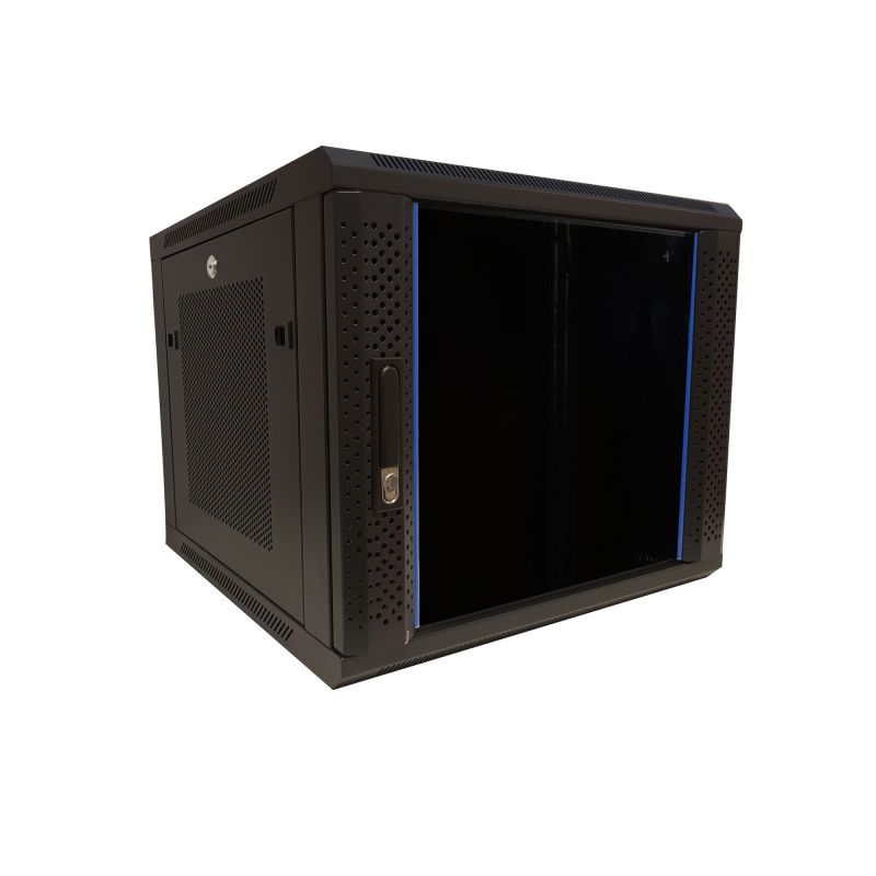 Szafka ścienna 9U z drzwiami szklanymi - perforowane panele boczne 600x600x500mm (szer. x gł. x wys.)