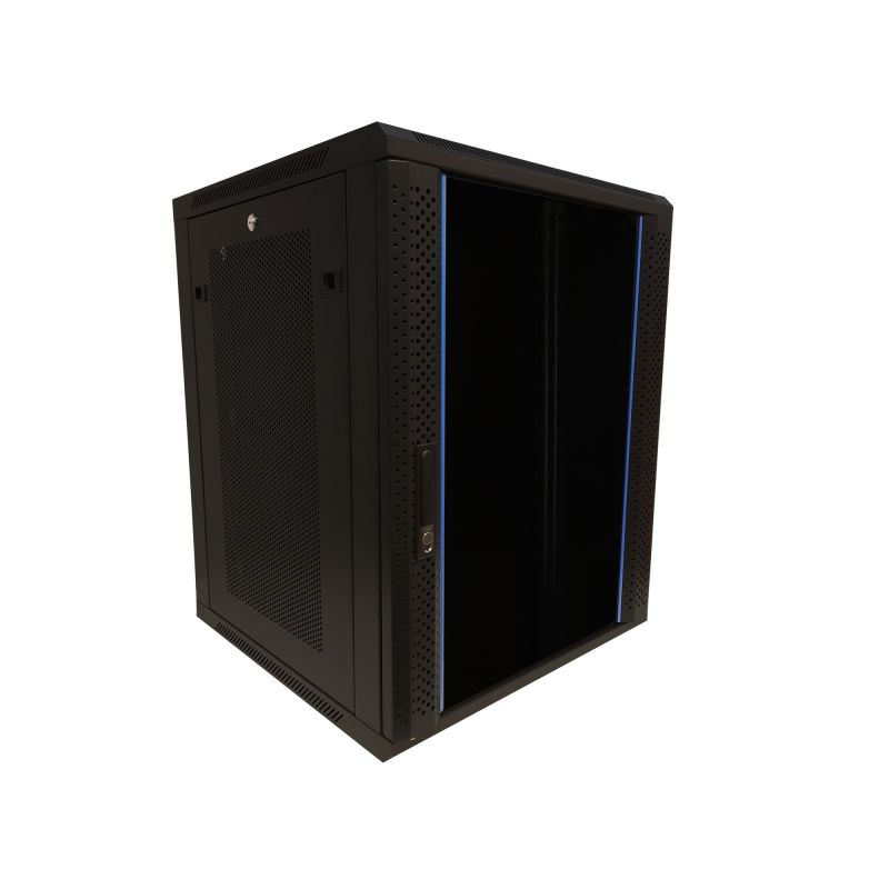 Szafka ścienna 15U z drzwiami szklanymi - perforowane panele boczne 600x600x770mm (szer. x gł. x wys.)